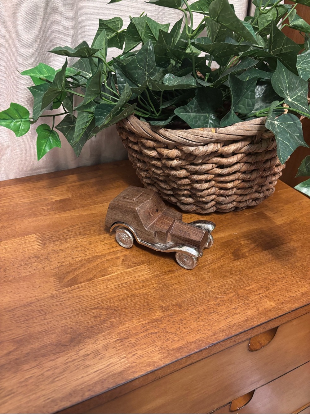 Wooden Vintage Car Sculpture - Brown Decorative Accent